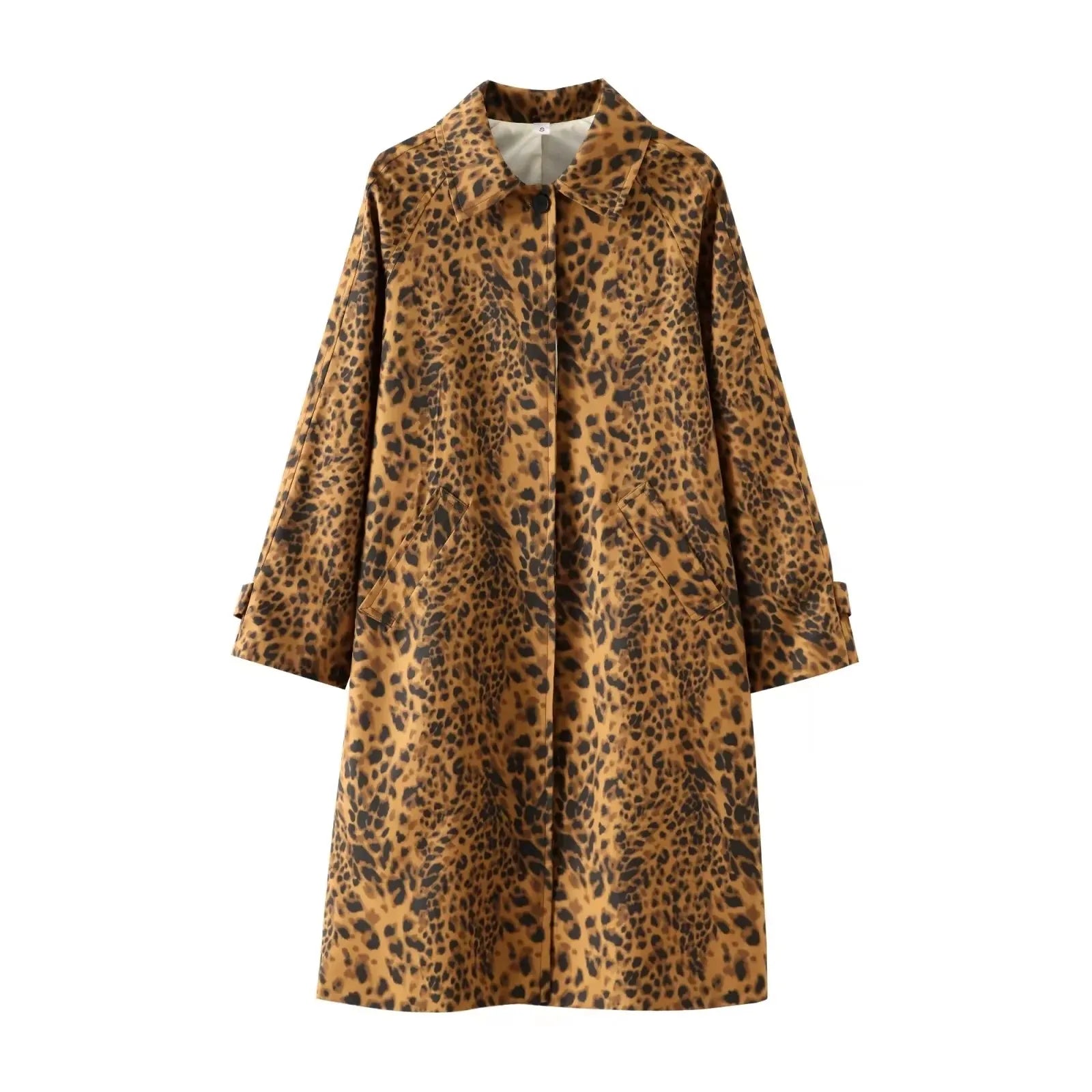 HH Women Fashion Leopard Print Trench Coat Vintage Long Sleeve Single Breasted Long Jackets 2024 Female Streetwear Coat