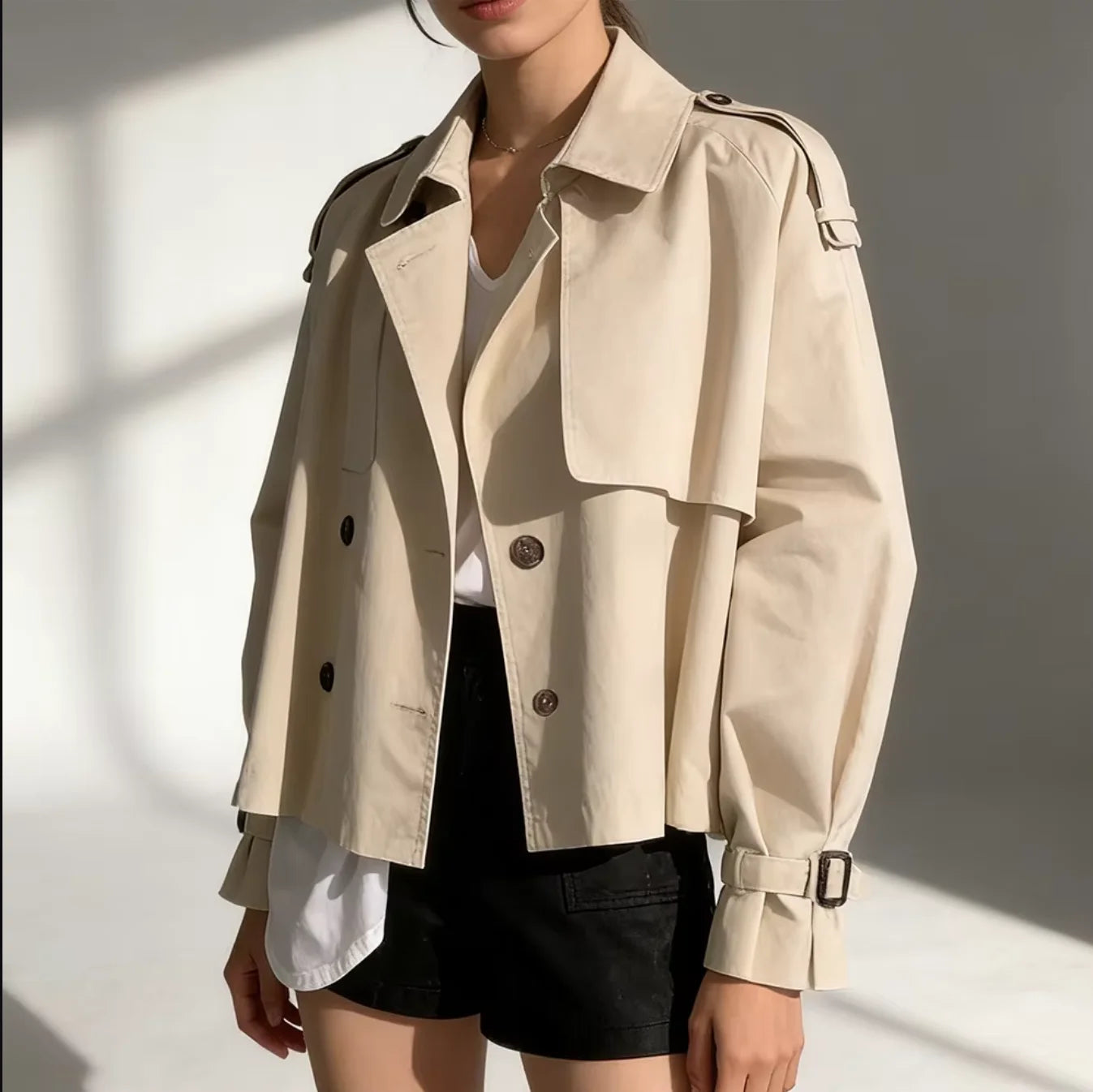 2025 Fall Women's Niche Collar Design Trench Coat – Double-Breasted, Oversized Short-Length, Long Sleeve Utility Windbreaker Jac