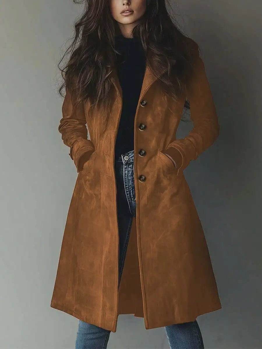 Women's Elegant Solid Color Casual Vintage Suede Trench Coat Jacket