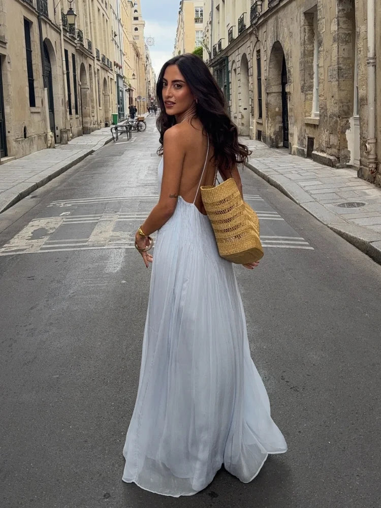 Light Blue Pleated Sling Long Dresses Women Sexy Backless Sleeveless A Line Robes Elegant Female Evening Party Club Gowns