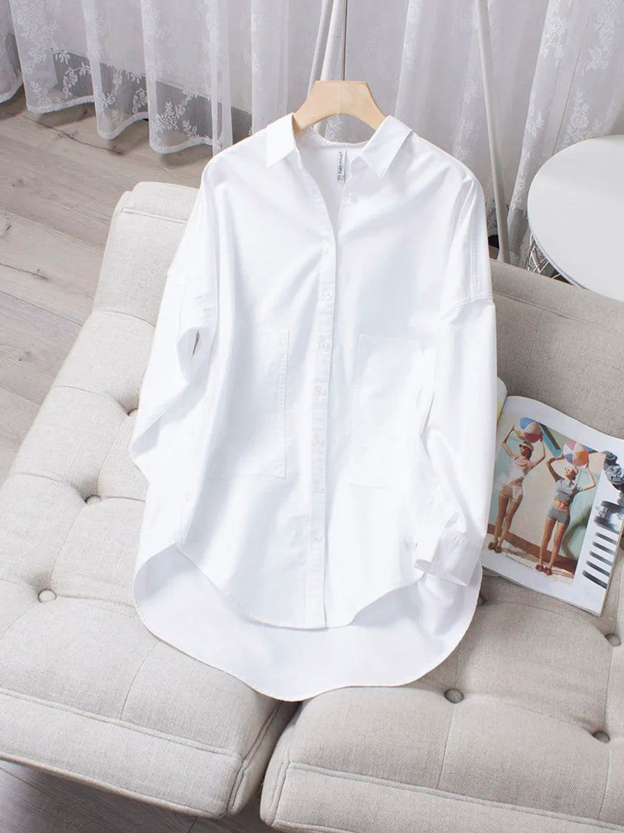 Women's medium-length white shirt pure cotton Oxford loose fashionable and versatile slim good quality