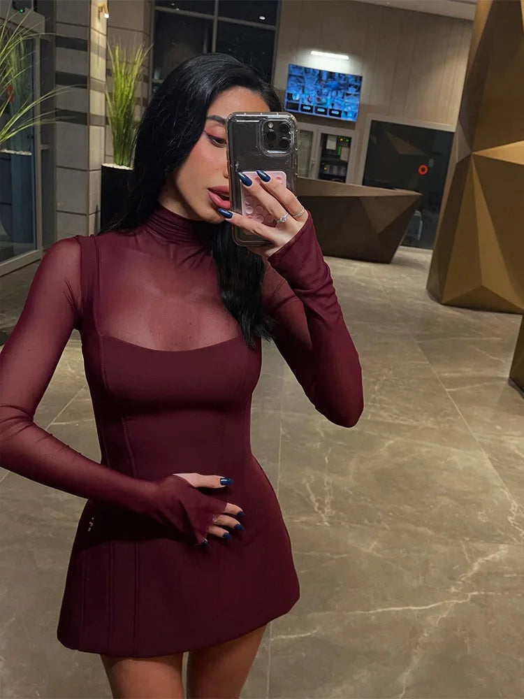 Huhugirl Mesh Patchwork Dresses For Women Fashion Sexy Streetwear Solid Full Sleeve Turtleneck Skinny Mini Vestidos Robes Female