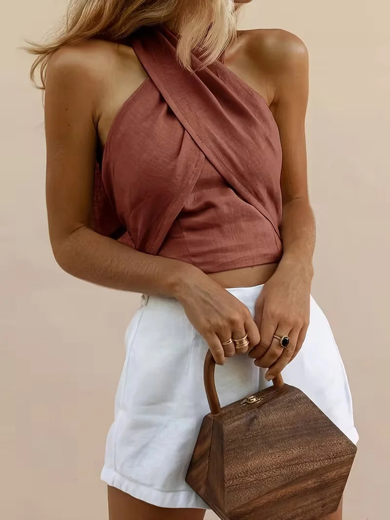 cropped top ，Women's solid-colored cropped cross-back top