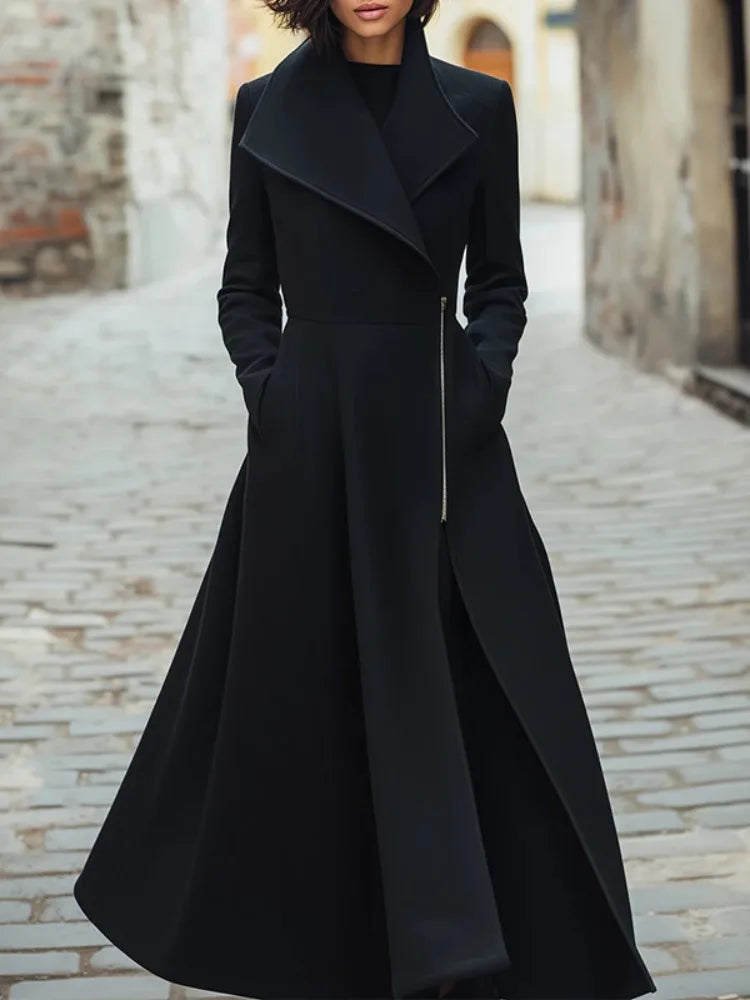 2025 Winter New Women's Trench Coat Lapel Collar Side Zippered High Waist Woolen Coat A-line Pleated Dress Streetwear Outerwears