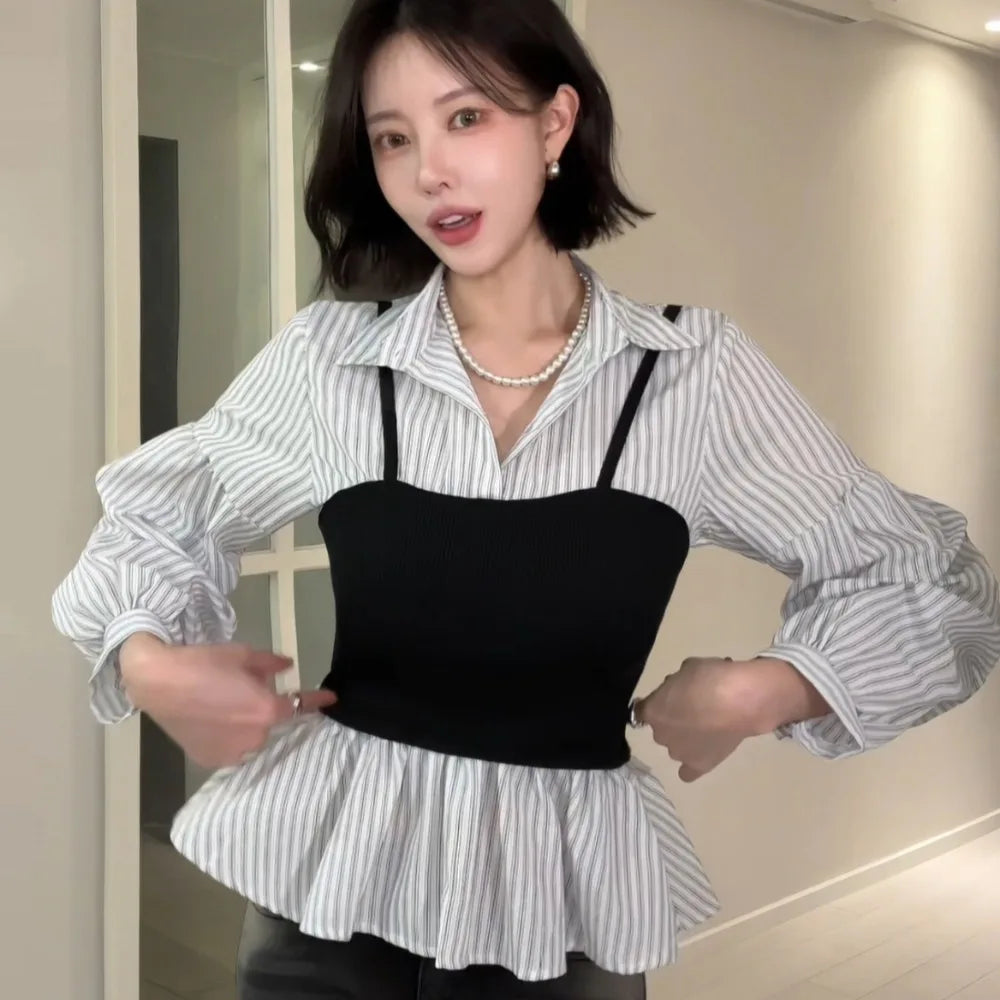 2026 Spring New Style Striped Waist-defining Slim-fitting Fake Two-piece Stitching Shirt with Pile Sleeve Design Top for Women